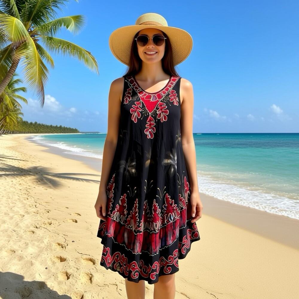 Y2K Midi Sundress Sz S-M Sleeveless Embroidery Boho Coastal Casual Hawaiian